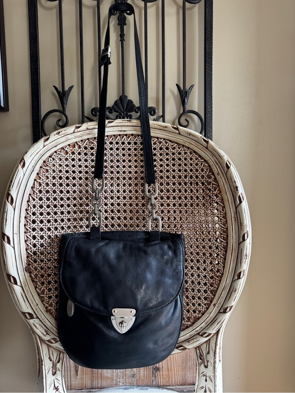 Sabina Black Leather Shoulder Bag with Silver Hardware